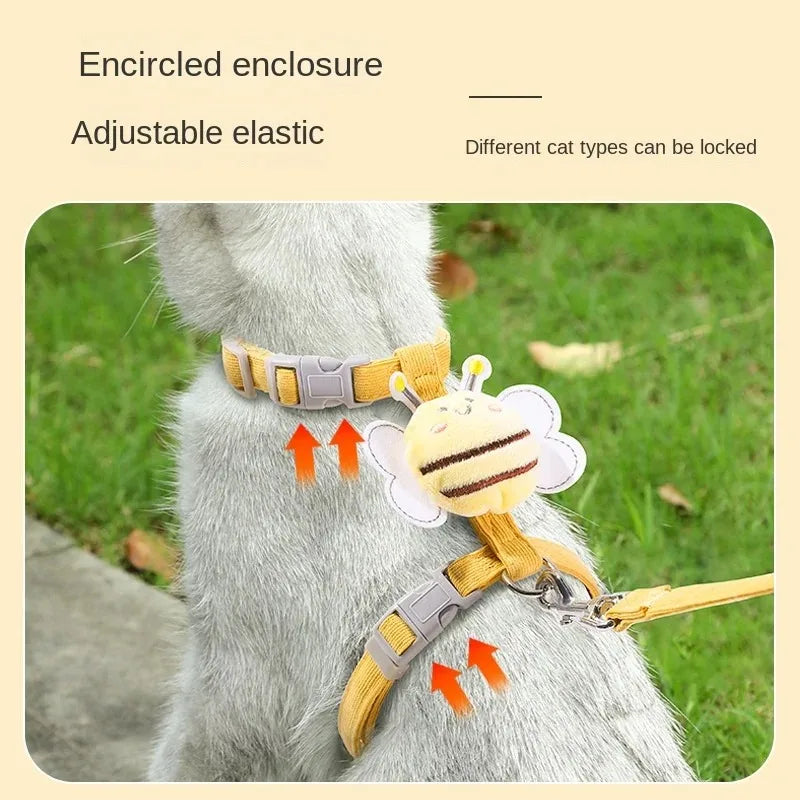 Carvallo | Justerbart sele-set med koppel & halsband | Dubbellagsdesign i tecknad bi-stil | För katter & små hundar