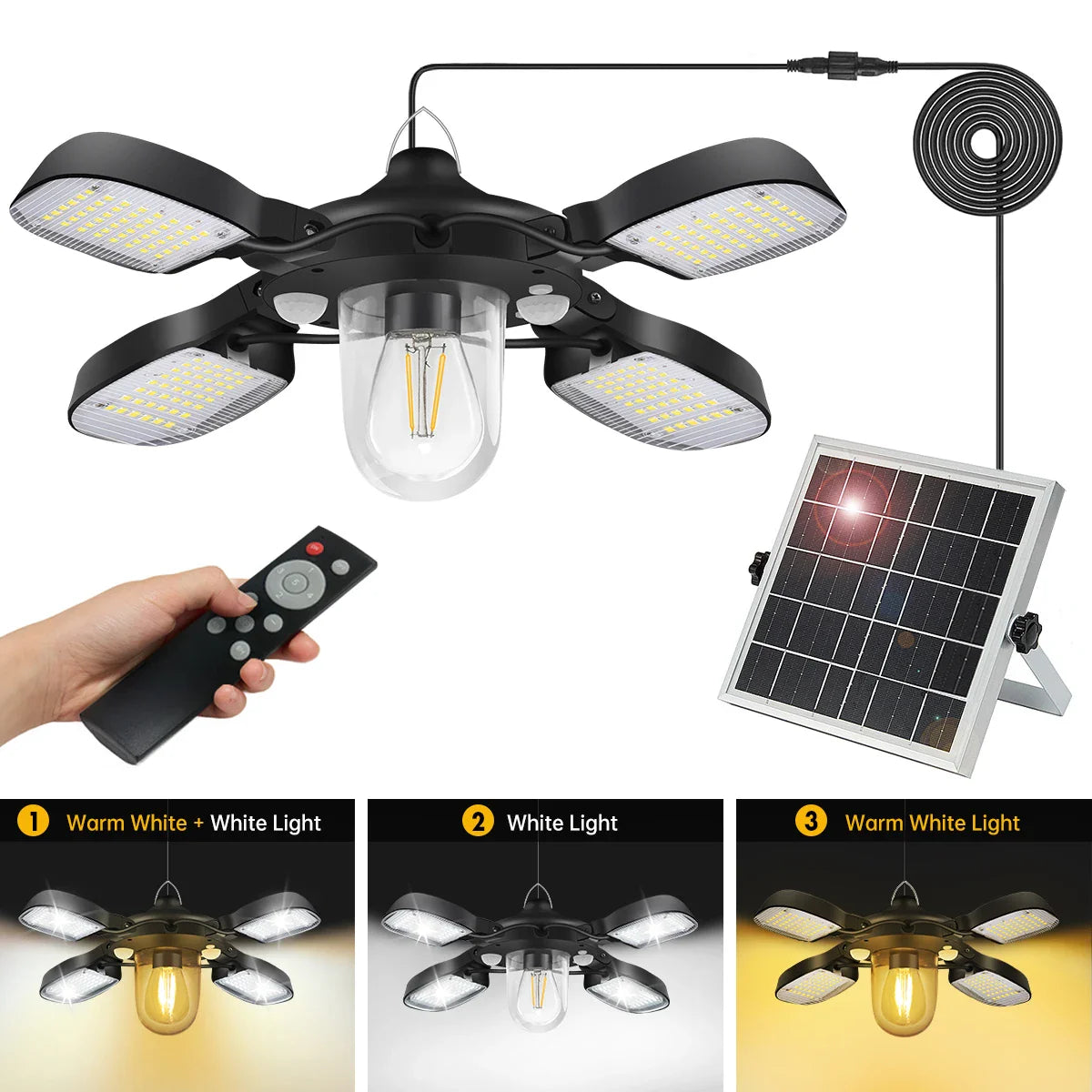 Carvallo Solarhänglampa med fjärrkontroll | 192 LEDs | 1000 Lumen | 5 lägen & 2 rörelsesensorer | För inomhus & utomhus