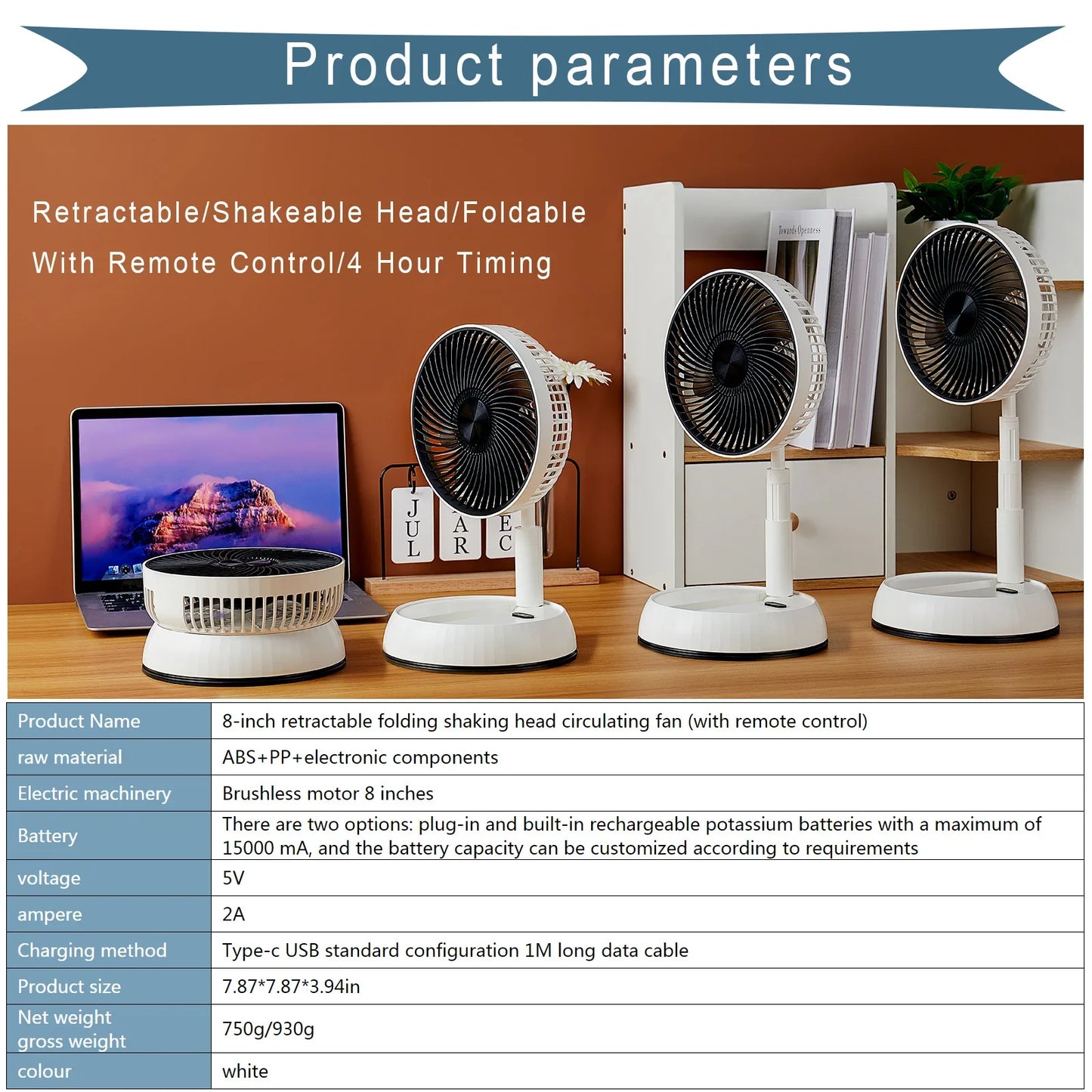 Royallure Bärbar Fällbar Fläkt 6000mAh Uppladdningsbar Tyst Golv- och Utomhusbruk