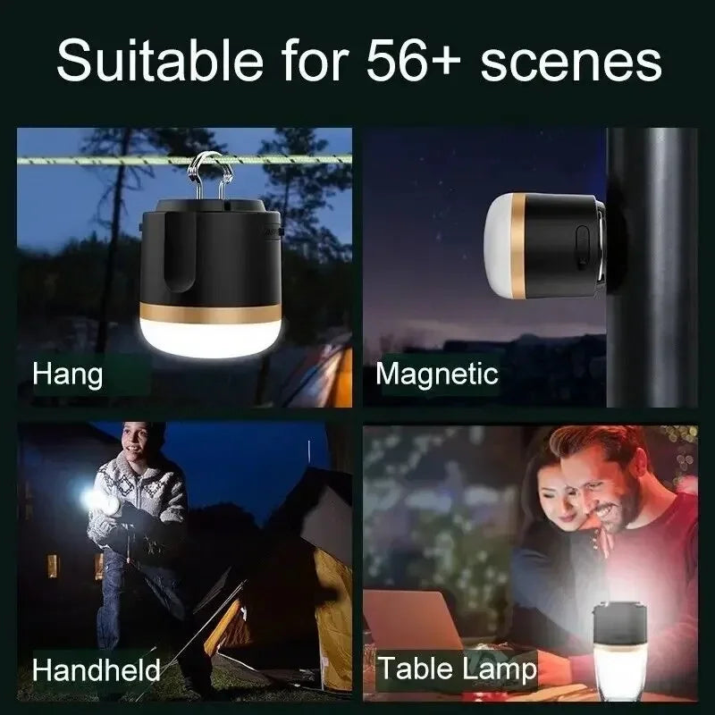 Bärbar LED Campinglampa med Powerbank – Uppladdningsbar, USB-port, för utomhus och nödsituationer