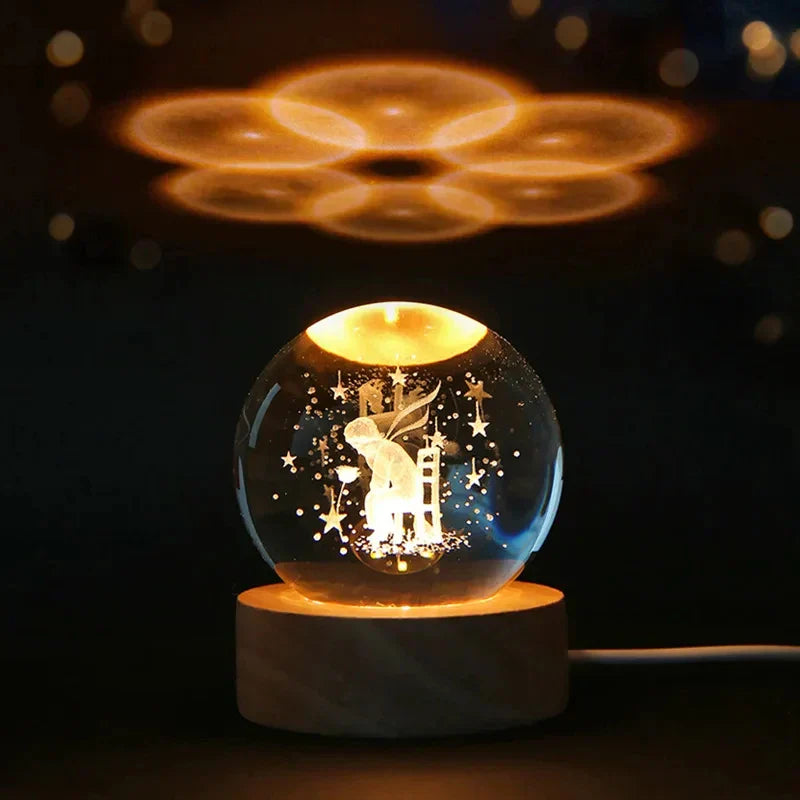 LumiCrystal - 3D LED Nattljus med Stjärnprojektor och Träbas