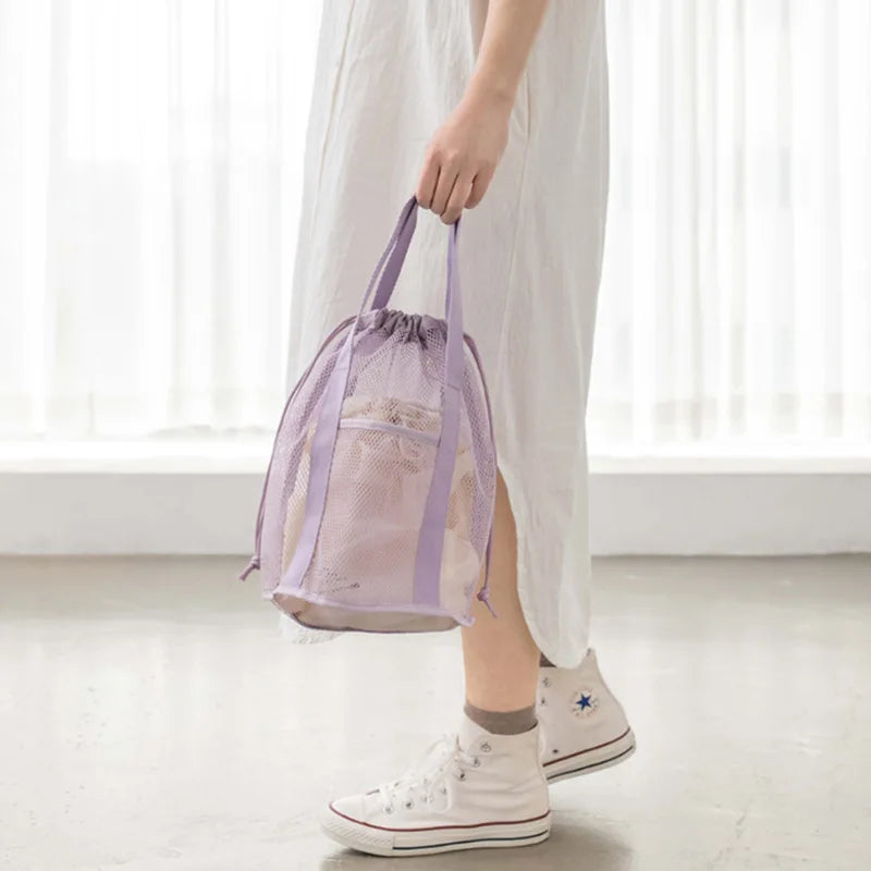 Carvallo MeshBag Kosmetiktasche mit Kordelzug | Stort volym &amp; Fällbar | Nylon-nät | Mörkblå