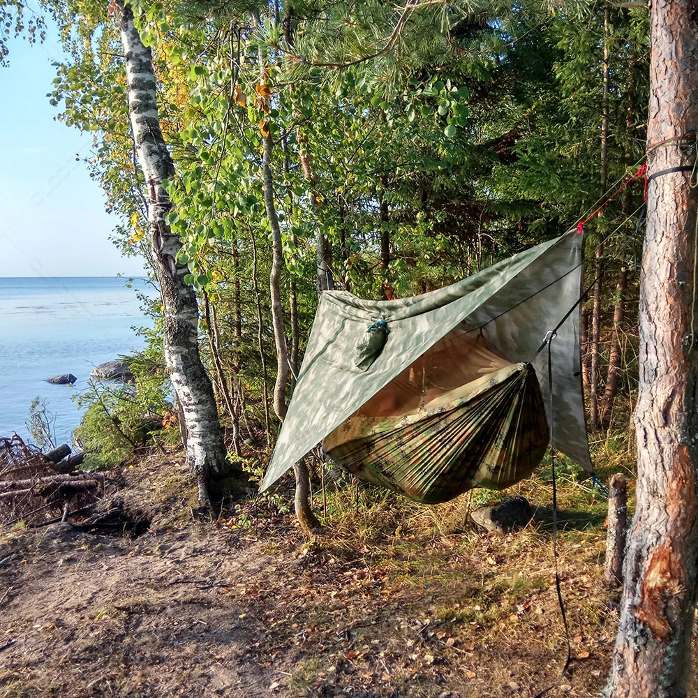Carvallo Camping-hängematta | Integrerat myggnät & regnskydd | Ultraklight & rivtålig | 3-i-1 utomhuslösning
