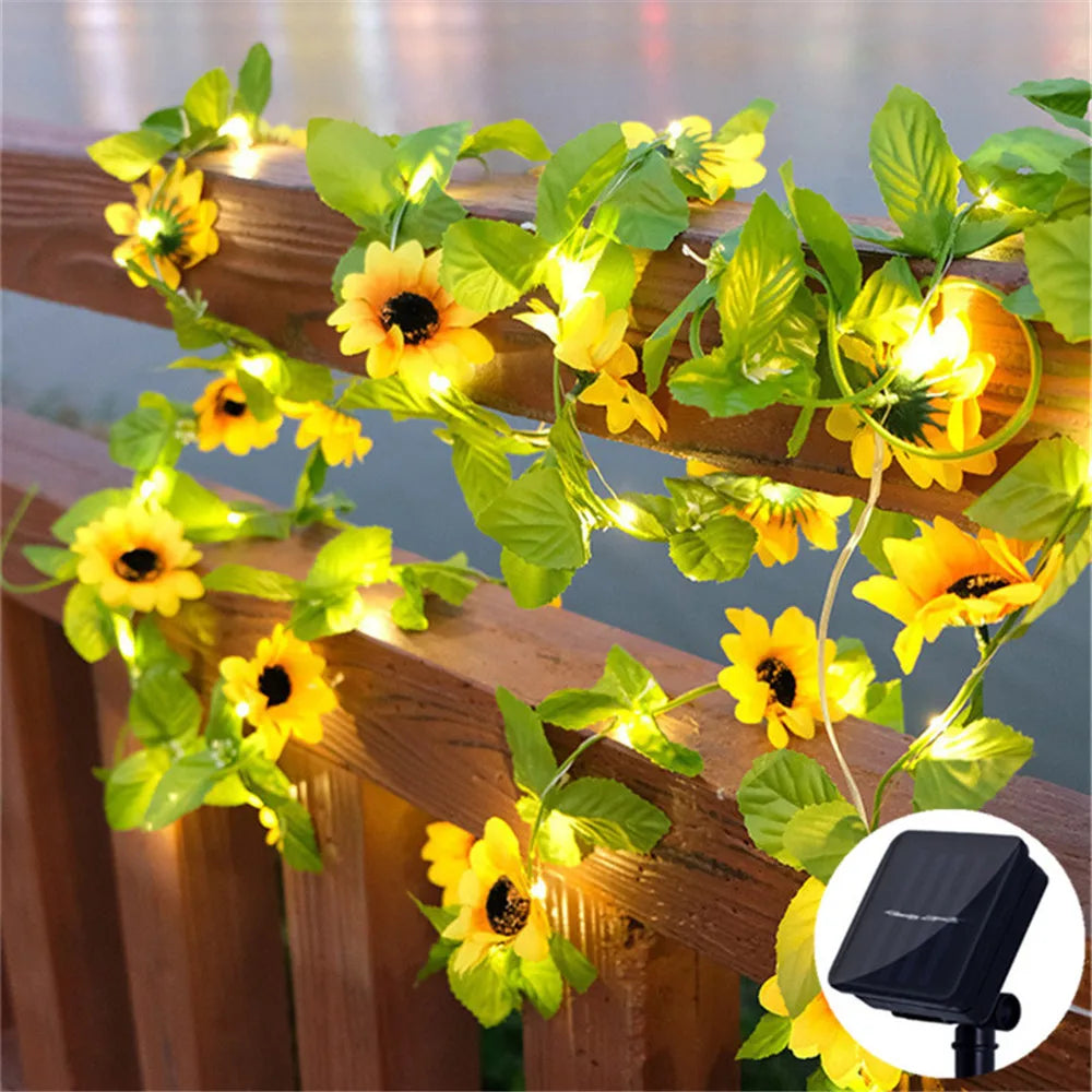 Carvallo-Lichterkedja SoliBlossom | Solrosdekoration med blad | Varmvit | 8 lägen | För trädgård, staket & bröllop