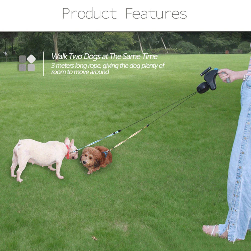 Åter retractable hundkoppel med 360° trassel – Justerbart bälte för två hundar, lätt och hållbart