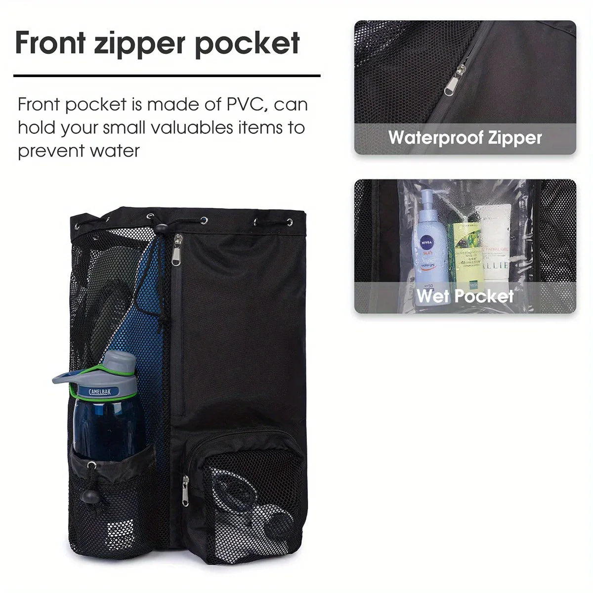 Carvallo Sportbag med nät & fack för blöta saker | Ryggsäck med dragsko | Simning, fitness & strand | 48×32 cm