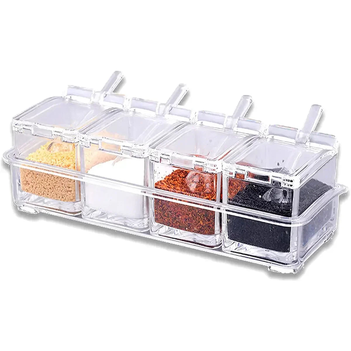Carvallo ClearSpice Quadra | 4 fack med lock & skedar | Transparent | 23,5 × 9,5 × 8,5 cm | För salt, socker & kryddor