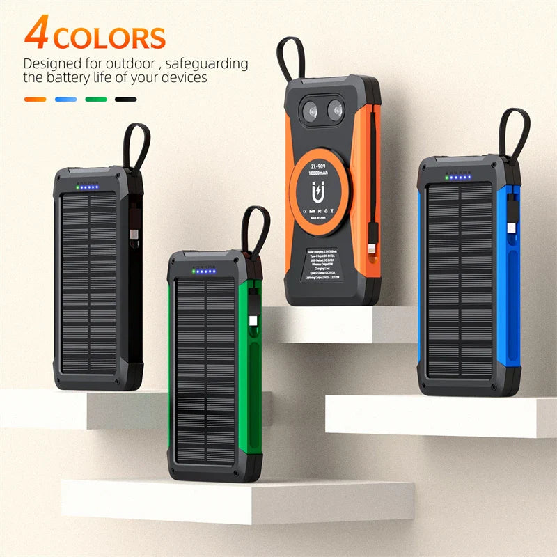 Carvallo MagCharge Solkraftbank 10000mAh | Magnetisk trådlös laddning | 22,5W snabbladdningsfunktion | Med kabel och ficklampa | För iPhone, Samsung & Co.