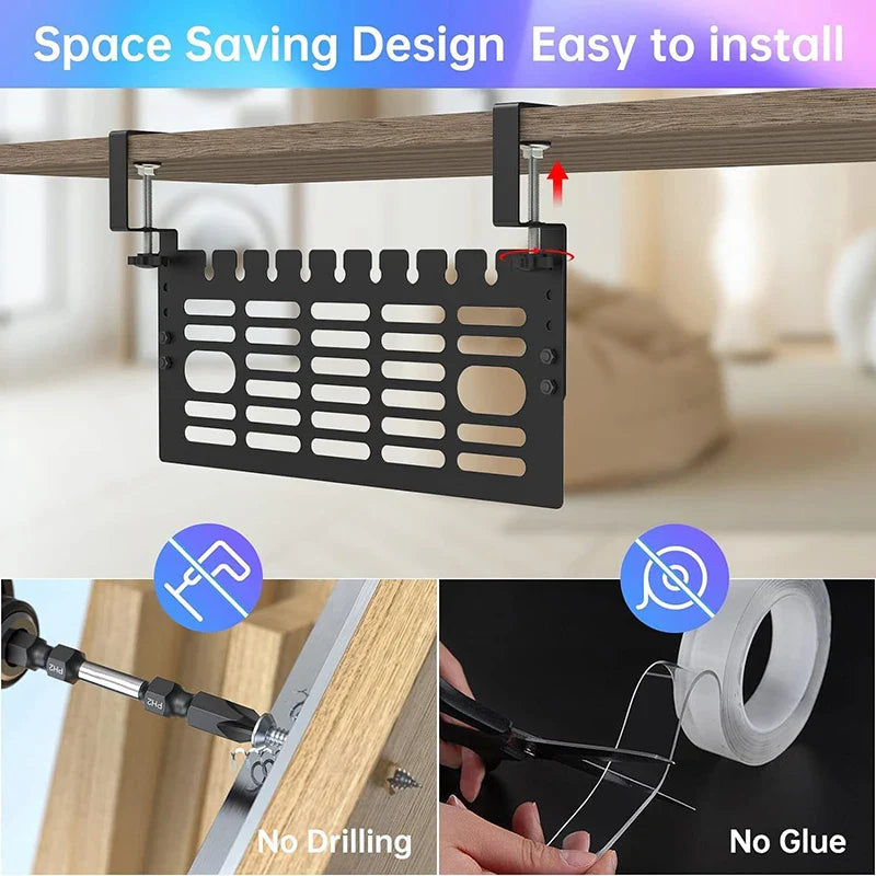 Carvallo Kabelhantering Under-Bord | Metallkabelkorg med klämfäste | 40 × 17 cm | För skrivbord 1–6 cm tjocklek