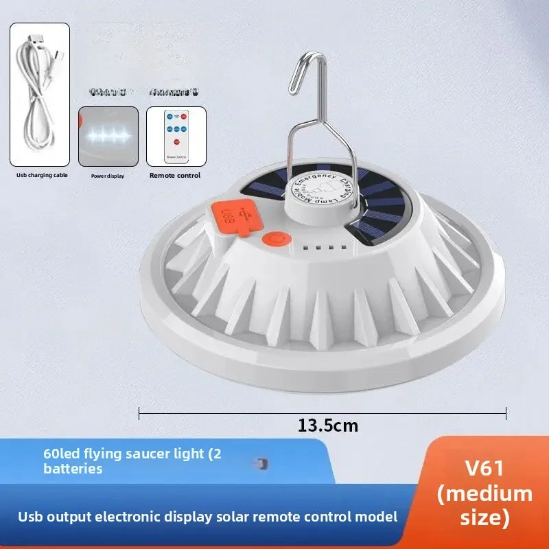 Carvallo Solar UFO-Campinglampa | Med fjärrkontroll | Uppladdningsbar & Bärbar | För utomhus, nödsituationer & nattmarknader