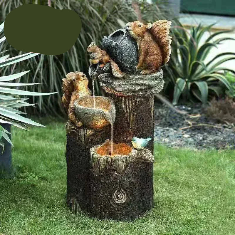 Carvallo Solar Deko Fontän Anka & Ekorre | Trädgårdsfigur med LED-ljus | Väderbeständig konstharpiks | För terrass & balkong