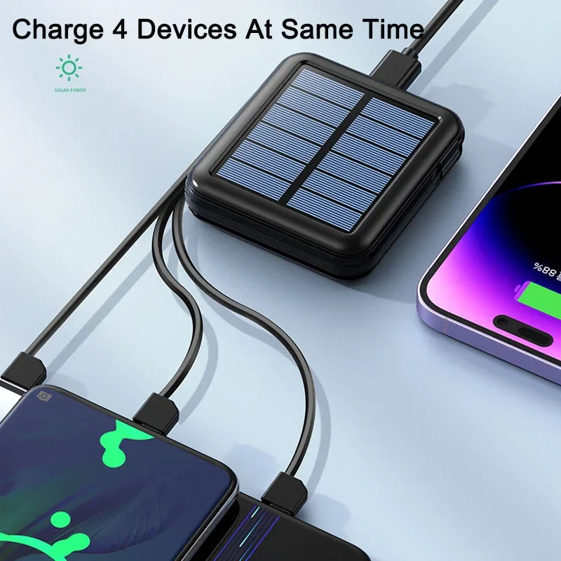 Carvallo Powerbank ENERIVIA Mini 20000mAh | Integrerade kablar | Solarladdning & LED-lampa | 4 utgångar & 3 ingångar | Snabbladdningsfunktion