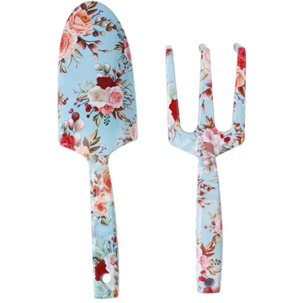 Carvallo GardenSet Trädgårdsverktygssats i rostfritt stål | 2-delad: Handskovel & Blomgaflar | 26–29,5 cm | Blommönster i 6 färger