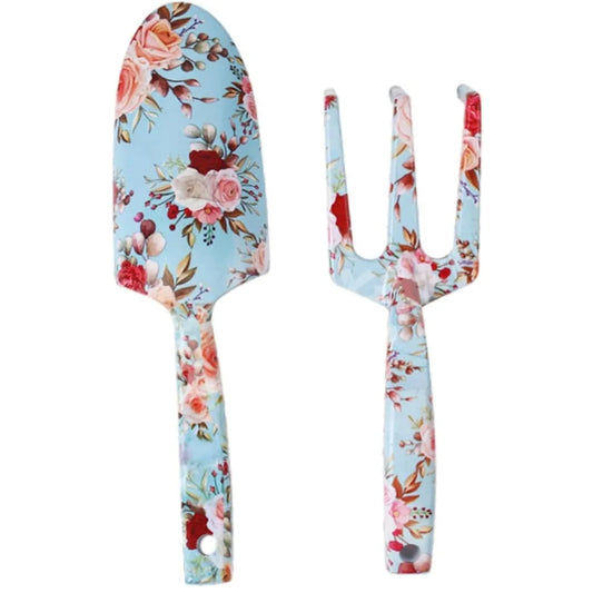 Carvallo GardenSet Trädgårdsverktygssats i rostfritt stål | 2-delad: Handskovel & Blomgaflar | 26–29,5 cm | Blommönster i 6 färger