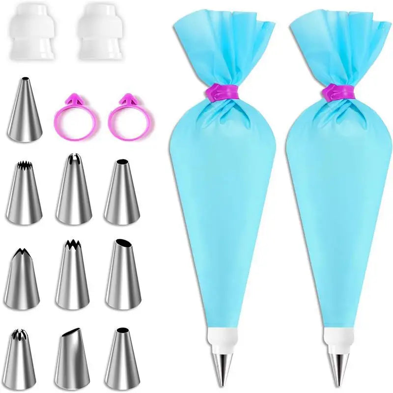 BakeDeko™ Spritsmunstycken-set | Återanvändbara silikon-spritzpåsar med rostfria munstycken | För tårtor, cupcakes och bakverk