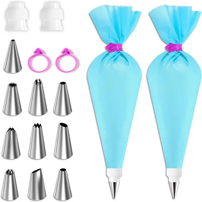 BakeDeko™ Spritsmunstycken-set | Återanvändbara silikon-spritzpåsar med rostfria munstycken | För tårtor, cupcakes och bakverk