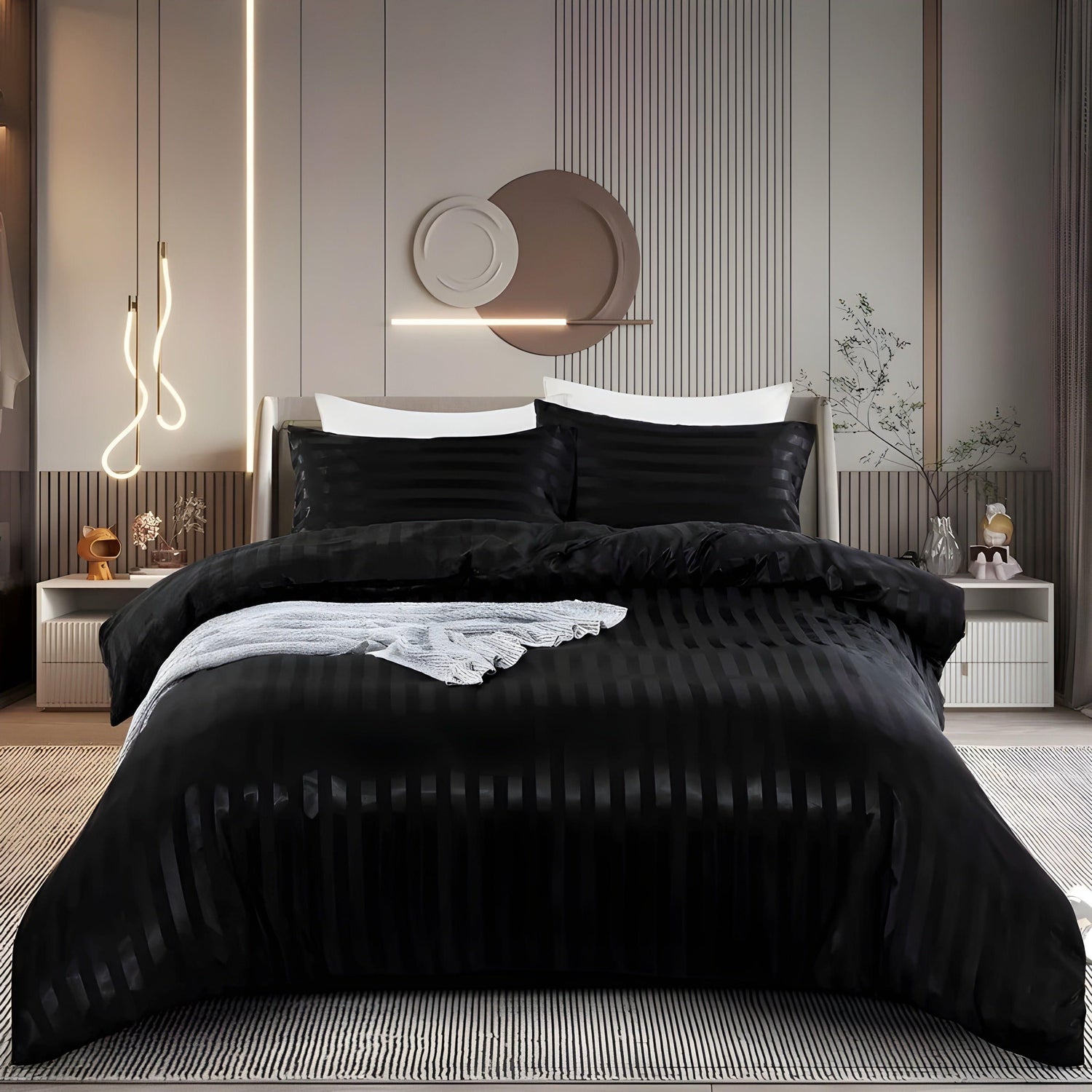 LuxSleep sängkläder set - 3-delat lyxigt randigt sängkläder set [sängkläder med dragkedja, örngott]