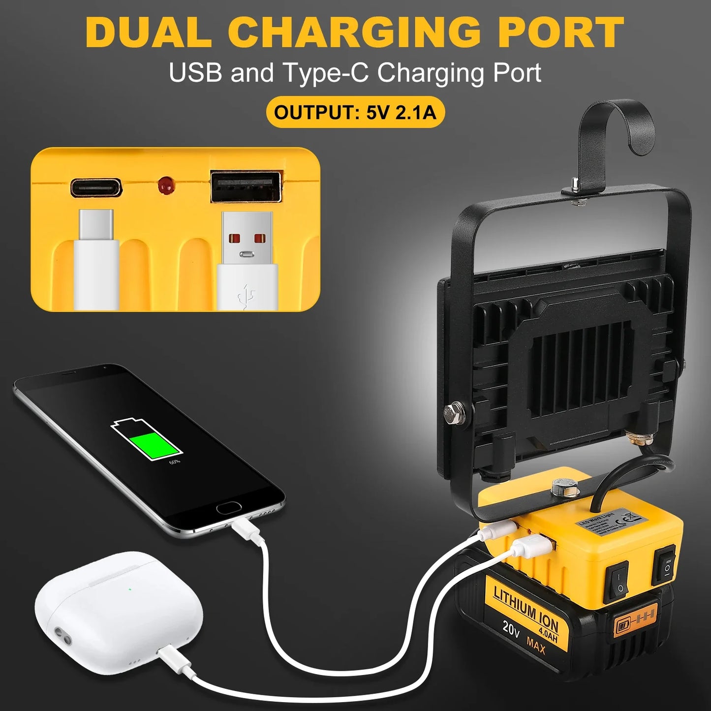 Carvallo arbetslampa PowerCraft Pro 60W | 6000LM | För DeWalt/Makita/Milwaukee batterier | Bärbar & Uppladdningsbar | Camping & Verkstad