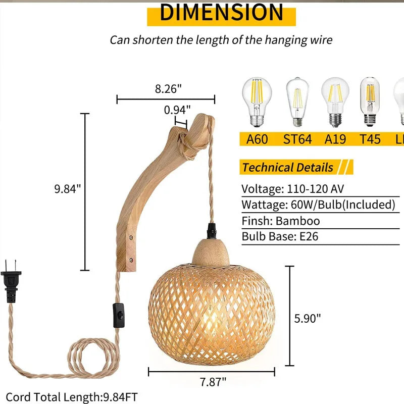 Bohemisk Vägghängd Lampa Rustik Trä Wan