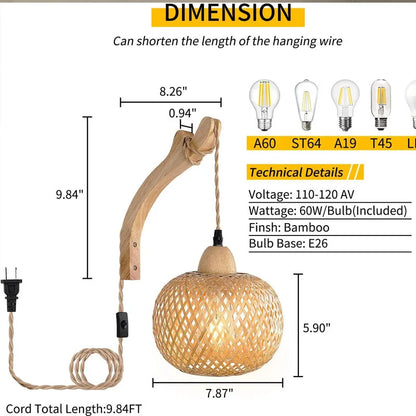 Bohemisk Vägghängd Lampa Rustik Trä Wan