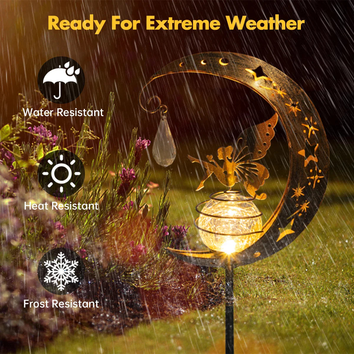 Carvallo Solar Trädgårdslampa med Måne & Fe | Sprucken glas-kula | IP55 Vattentät | Romantisk Deko för Väg & Rabatter