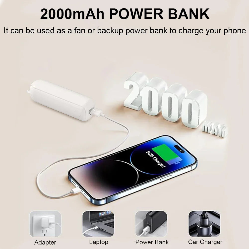 Carvallo Mini USB-fläkt | Fällbar &amp; Återuppladdningsbar med 2000 mAh Powerbank | 3 Hastigheter – Ultraljud &amp; Fickformat