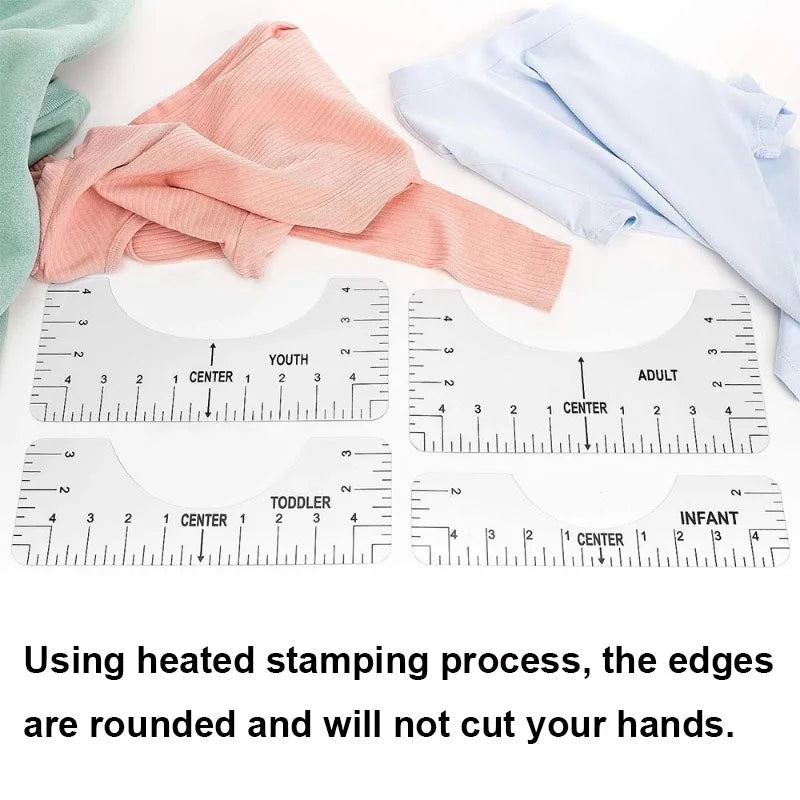Carvallo T-Shirt Justeringslinjaler i set | 4/8 styck | Flexibelt PVC-mätsverktyg för textiltryck & sömnadsarbeten | För vuxna & barnstorlekar