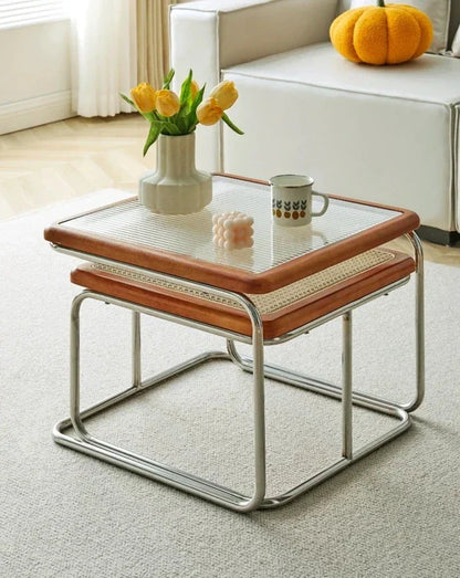 Solvia Cane | Rund soffbord av rotting med glasbordskiva i mid-century stil