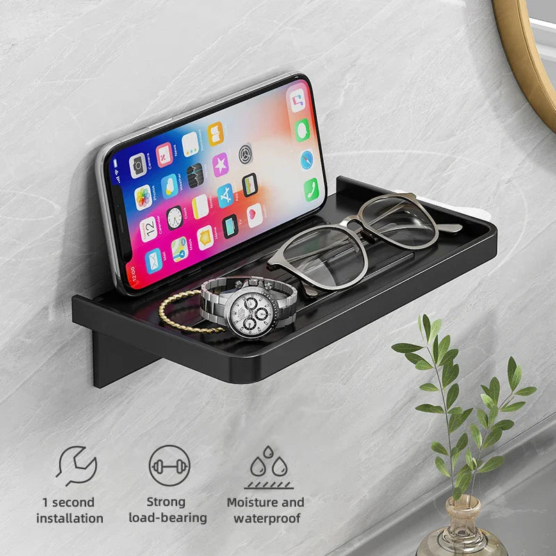 Carvallo DuschLine Duschablage Svart | Vägghylla i ABS-plast | Utan borrning | Med mobilhållare | Modernt bad-organisationstalanger