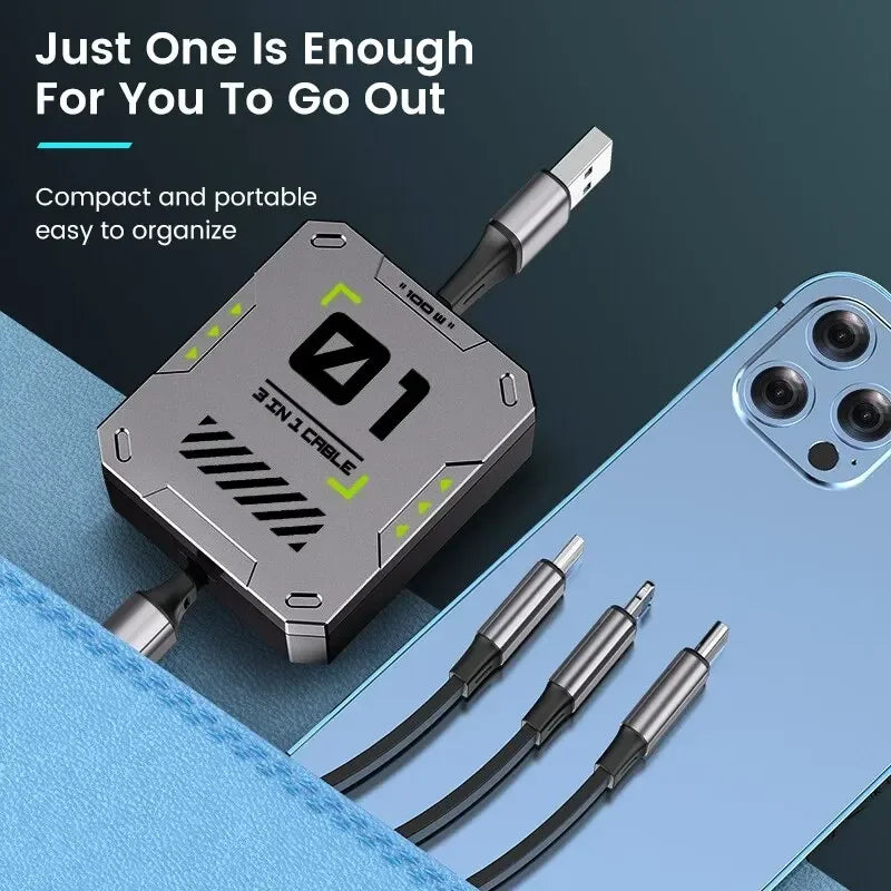 Carvallo 2-in-1 Laddkabel | Snabbladdning 100W | Utdragbar & Universell | FlexiCharge för iPhone, Android & USB-C