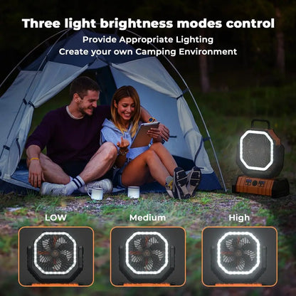 20000mAh uppladdningsbar campingfläkt med LED-lampa och USB-strömbank