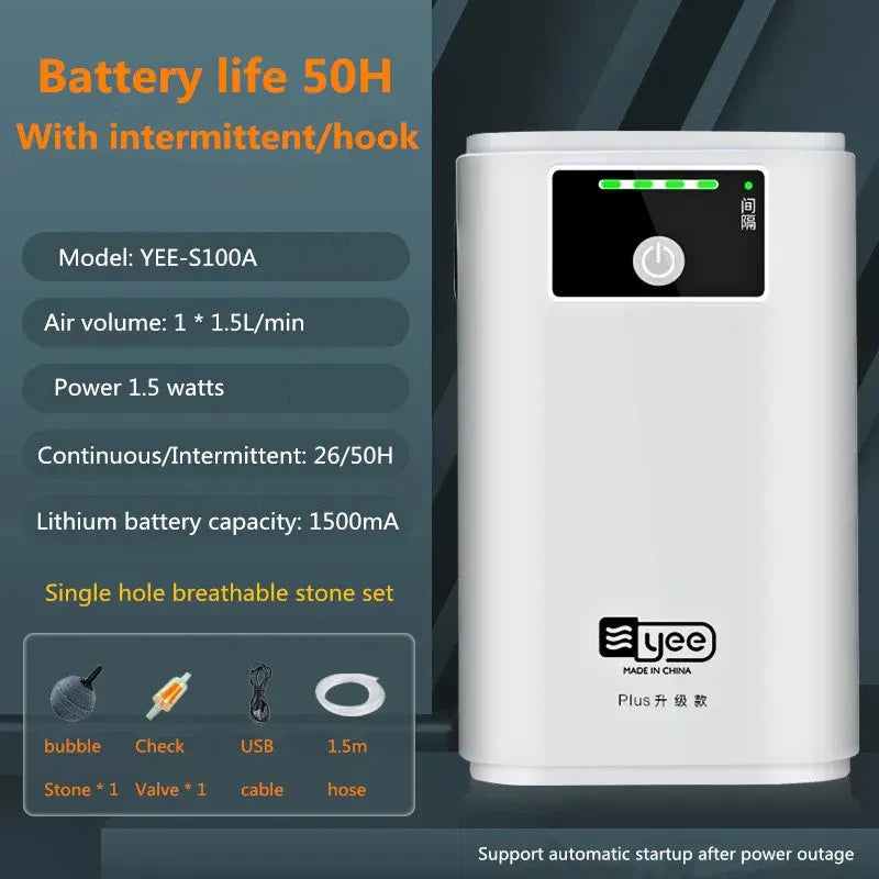 Carvallo SmartOxy Uppladdningsbar Syrepump för Akvarium & Utomhus | Tyst Luftpump med Batteri & USB | Automatisk AC/DC-omkoppling & LED-display