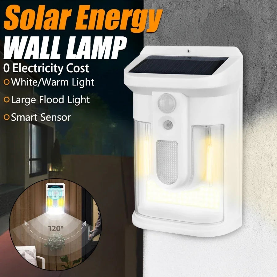 Carvallo Solar Vägglampa med Rörelsesensor | 3 Ljuslägen | IP65 Vattentålig | Varmt Flammigt Ljus för Trädgård & Gårdsplan