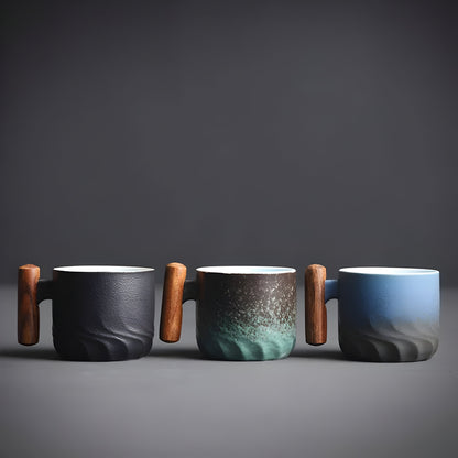 Keramik-kaffekopp med trähandtag – Retro-design, Robust och stilfull | Perfekt för kaffe och te
