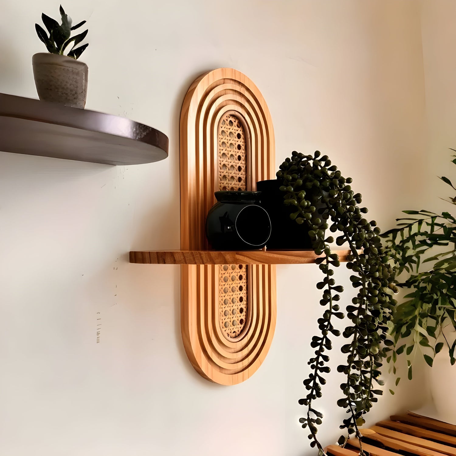 Handgjord vägghylla i rotting – Boho-dekoration för vardagsrum, sovrum och balkong