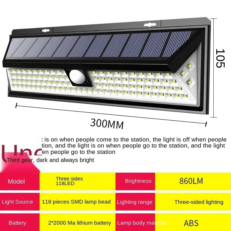 Carvallo 90 Solar Vägglampa med rörelsesensor | 90 LEDs | 3 lägen | IP65 Vattentålig | 4400 mAh Batteri | Utomhusbelysning för trädgård, terrass & gård