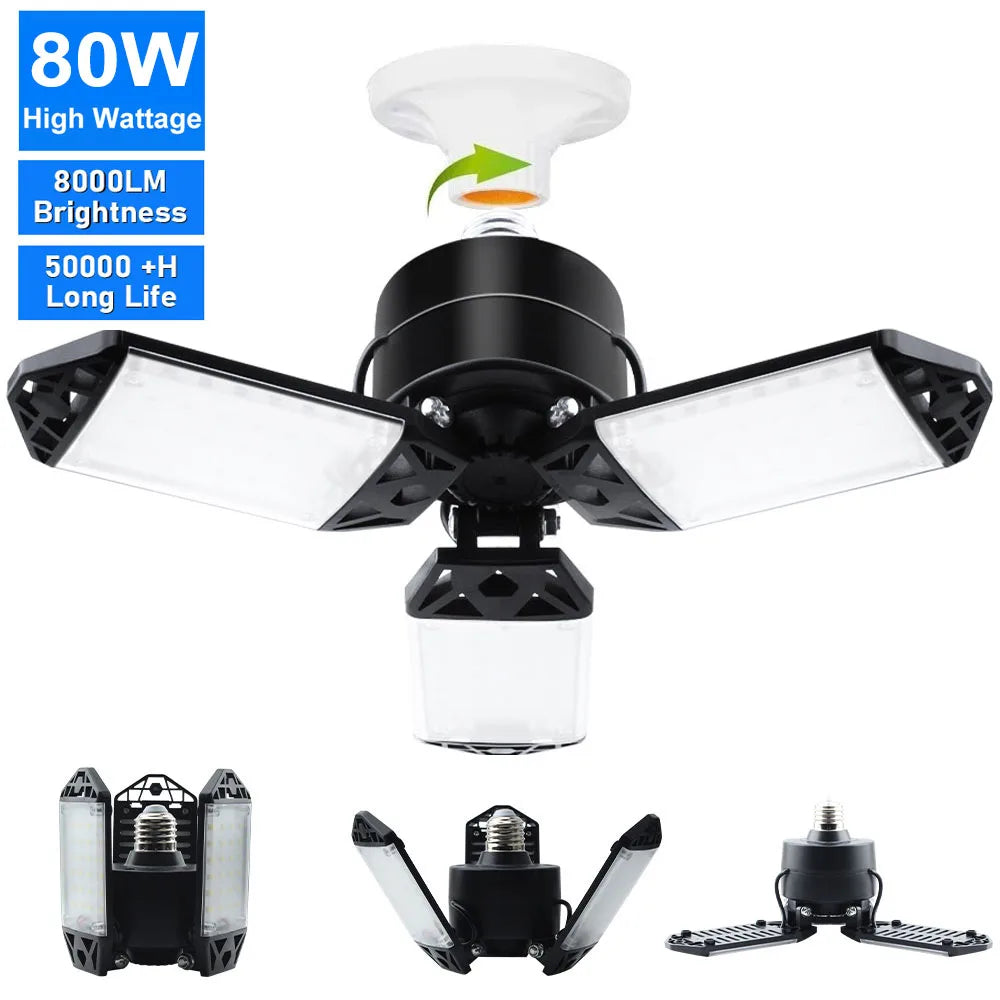 Carvallo LED Garage Lamp | Foldable Ceiling Light with 3–12 Adjustable Panels | E27 Socket | 6500K Daylight – For Workshop, Warehouse & Garage