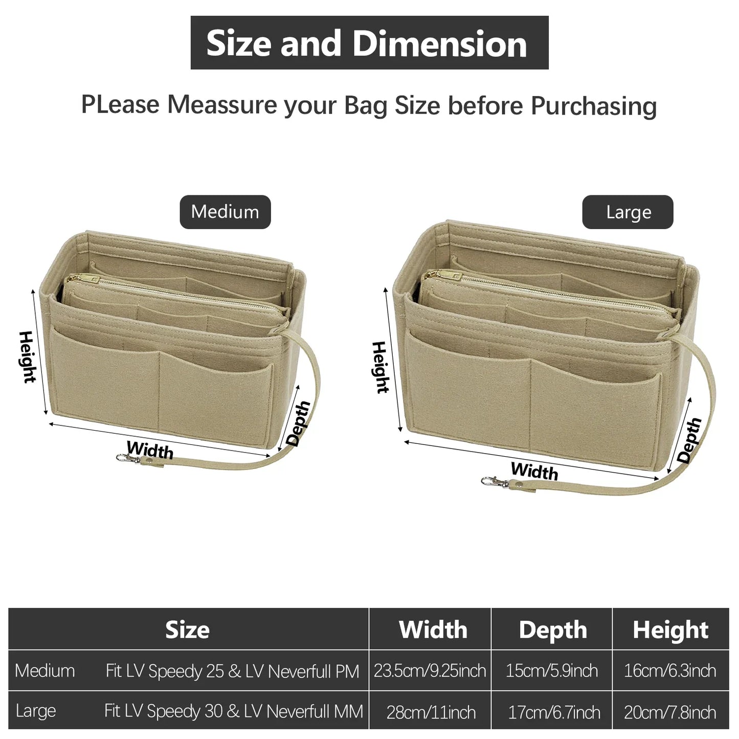 Carvallo Organizer Inlay | Filzinsats med dragkedja | 15 fack & nyckelband | För handväskor & shoppare