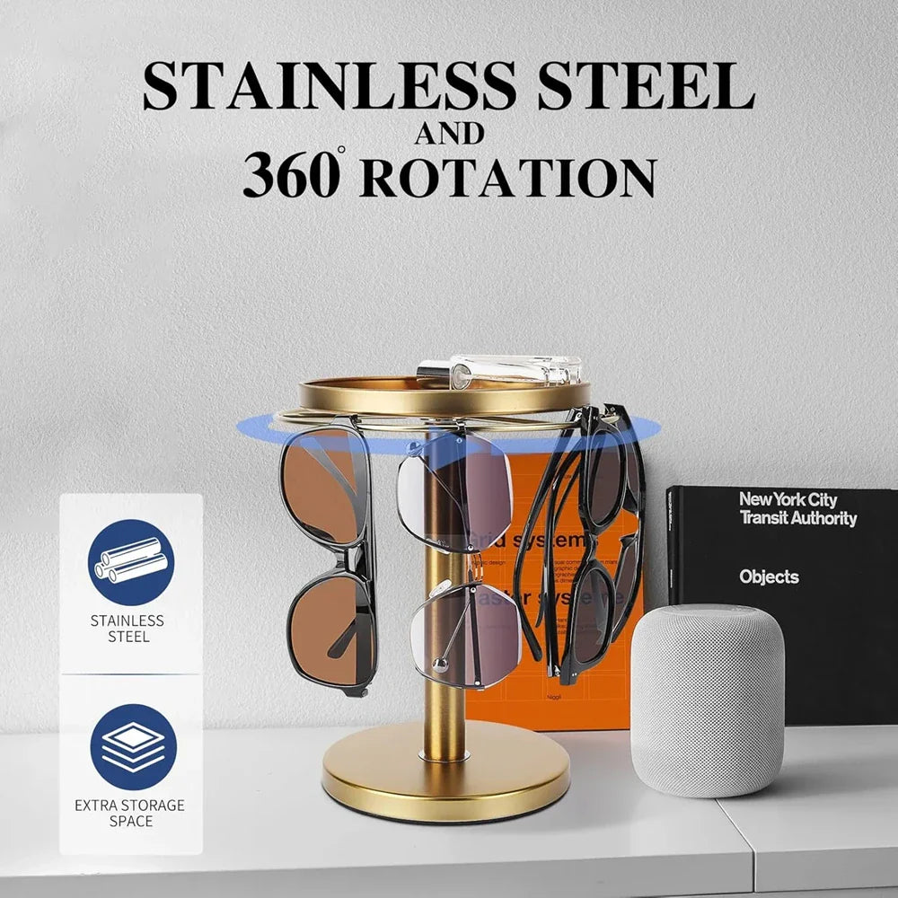 Carvallo Rotatable Sunglasses Organizer | 360° Rotating Stand with Jewelry Tray | Stainless Steel | 20 × 24 × 15 cm