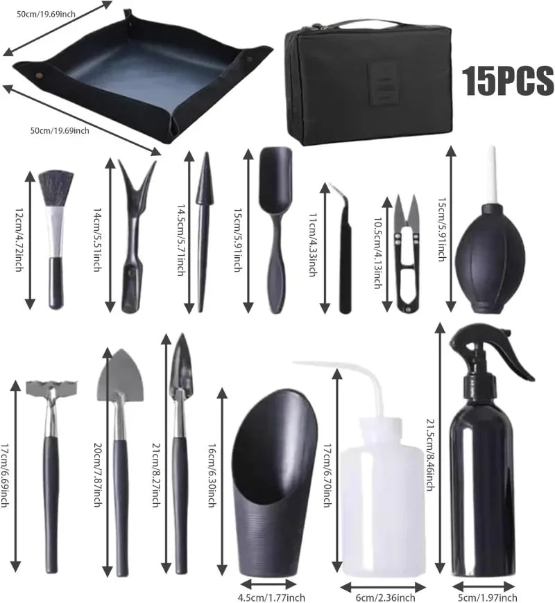 Carvallo MicroGarden Set 15-delat bonsai- & suckulentträdgårdsverktygsset | Med väska & planteringsmatta | För omplantering, beskärning & skötsel