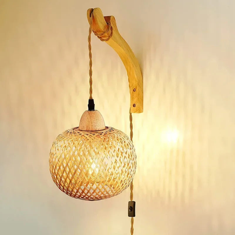 Bohemisk Vägghängd Lampa Rustik Trä Wan