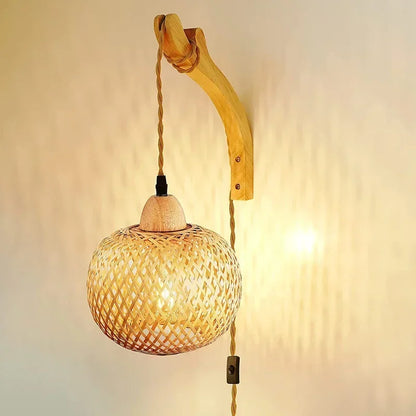 Bohemisk Vägghängd Lampa Rustik Trä Wan