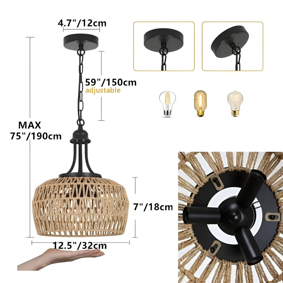 Boho-hänglampa med rottingskärm – Naturlig pendellampa för matrum och kök