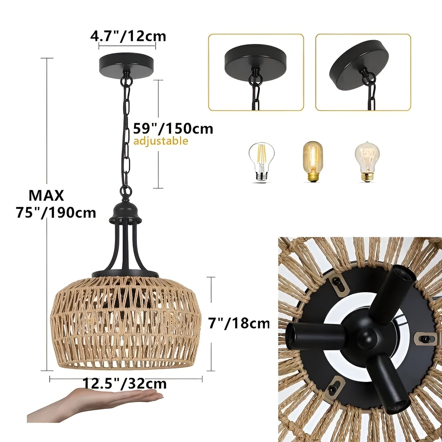 Boho-hänglampa med rottingskärm – Naturlig pendellampa för matrum och kök