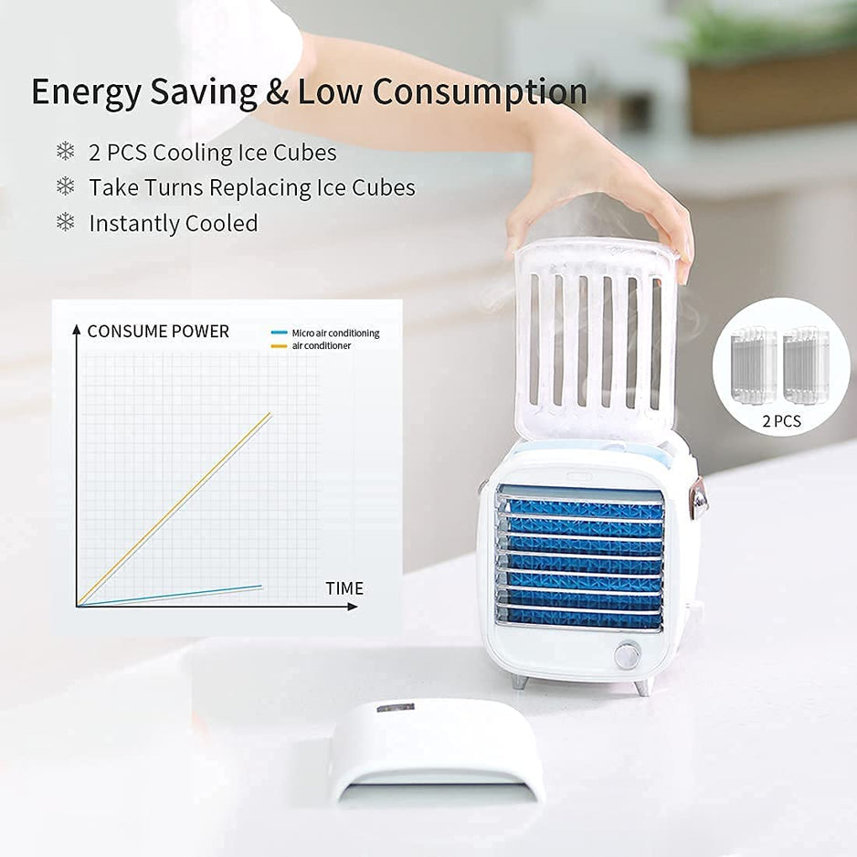 Carvallo Mobiles Mini Luftkonditioneringsapparat | 3-i-1 Kylning, Luftfuktning & Renovering | USB-driven & Tyst | För Hemmet & På Resa