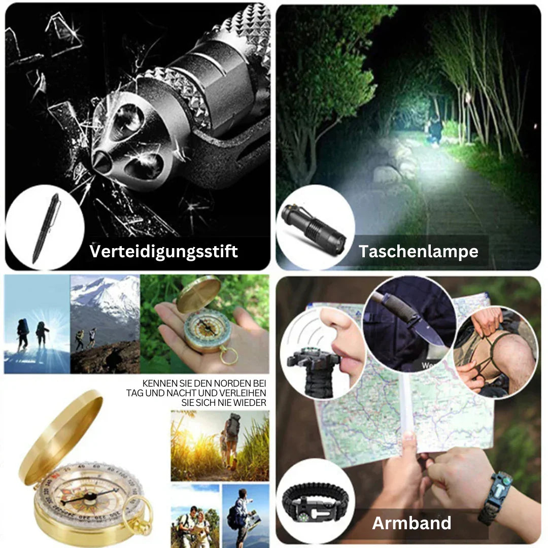 38-i-1 Första hjälpen och överlevnadskit med ficklampa och kompass