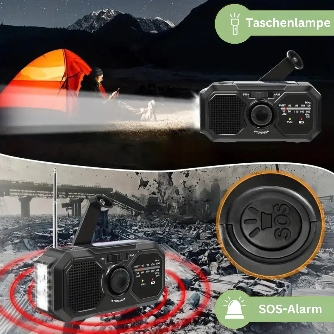 Bärbar nödradio med solpanel och handvev – FM/AM mottagning och powerbank-funktion