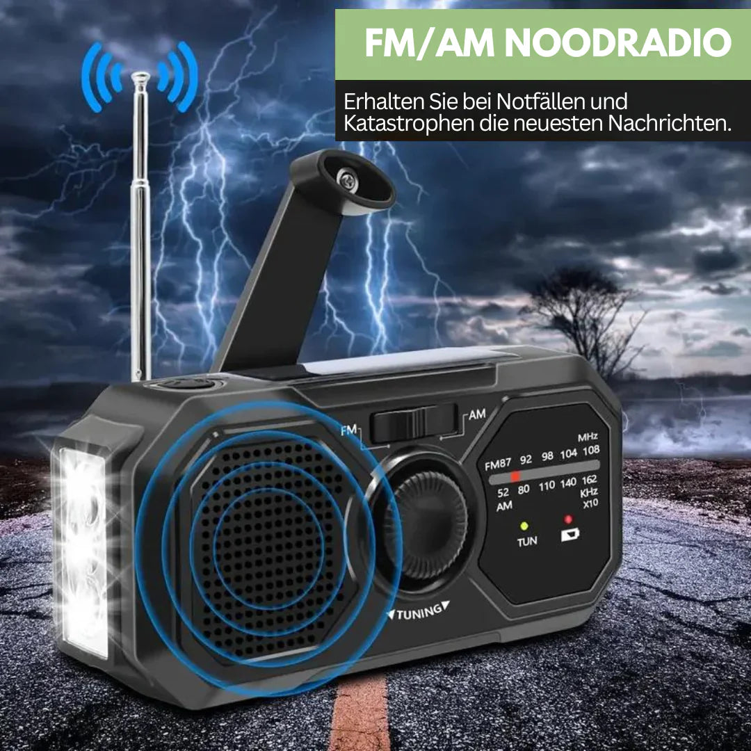 Bärbar nödradio med solpanel och handvev – FM/AM mottagning och powerbank-funktion