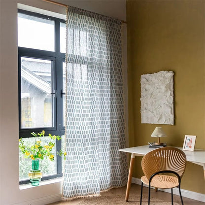 Teal Blå Blad Semi Genomskinliga Gardiner