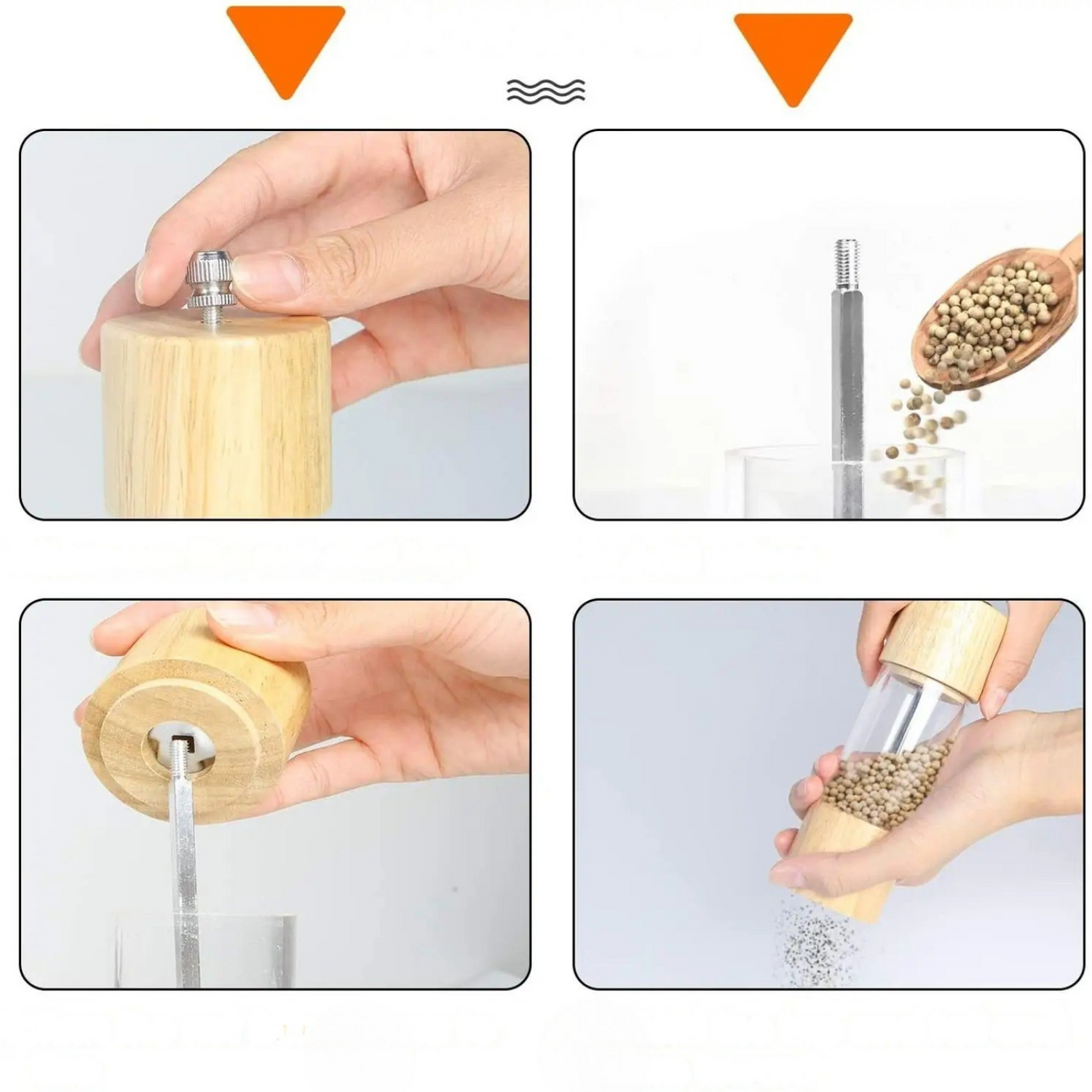 Peppar- och saltkvarnar i ett 2-delat set – Tillverkade av trä med ett insynsfönster och rengöringsborste